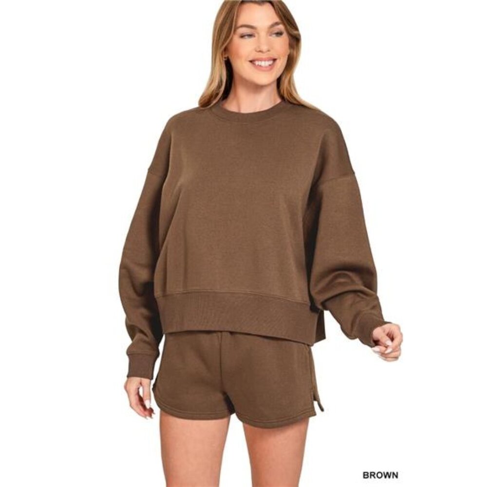 Zenana Fleece‎ Round Neck Sweatshirt and Shorts Set